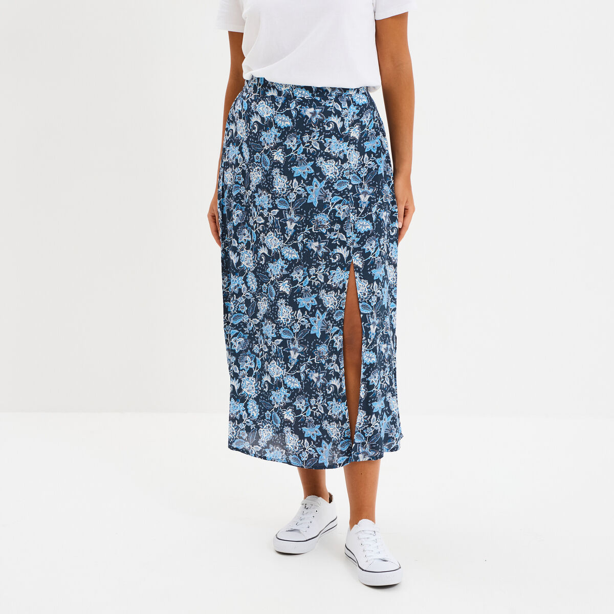 Jupe midi fendue fluide bleu marine femme
