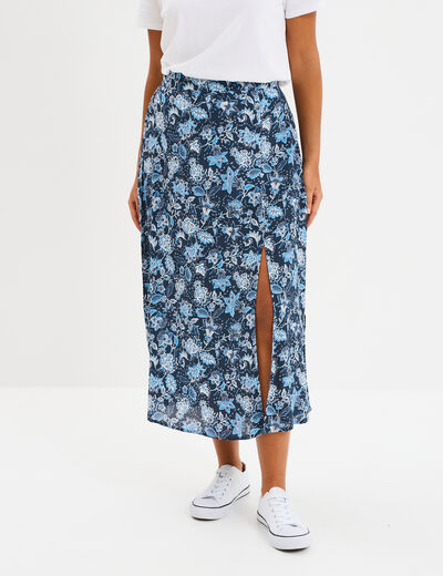 Jupe midi fendue fluide bleu marine femme