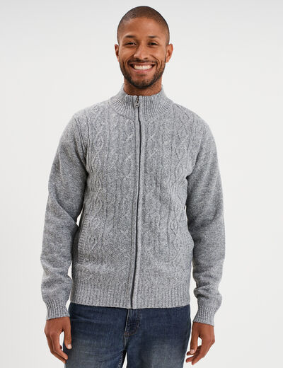 Gilet &agrave; torsades et col montant gris clair homme