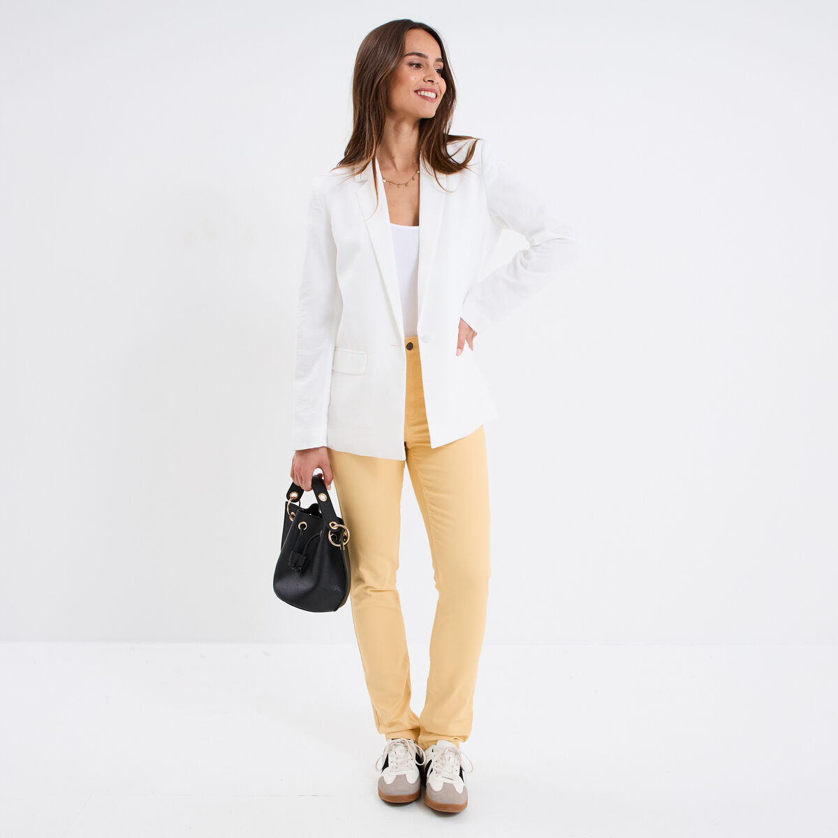 Pantalon slim stretch jaune clair femme