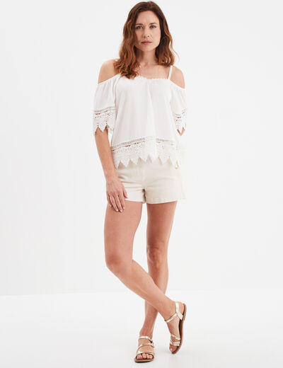 T-shirt col bardot et macramé Mosquitos blanc femme