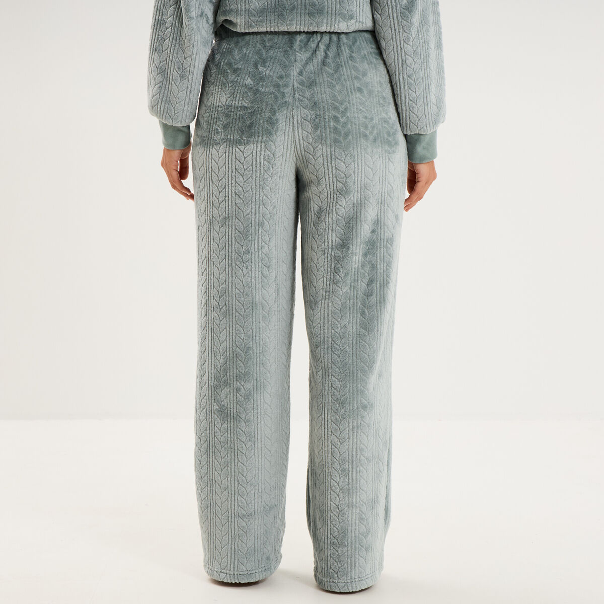 Pantalon effet polaire d&eacute;tails torsades bleu gris femme