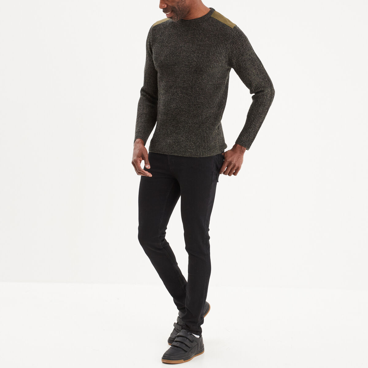 Pull col rond manches longues Liberto vert kaki homme