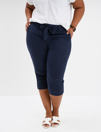 Pantacourt lin chino regular bleu foncé femme grande taille