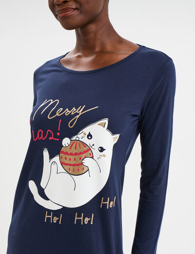 Chemise de nuit manches longues coton bleu marine femme