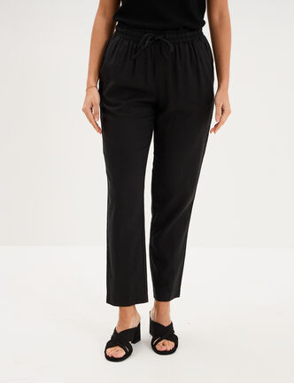 Pantalon droit 7/8&egrave;me lin m&eacute;lang&eacute; noir femme