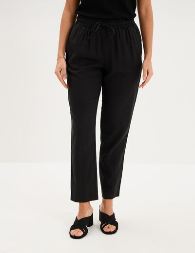 Pantalon droit 7/8&egrave;me lin m&eacute;lang&eacute; noir femme