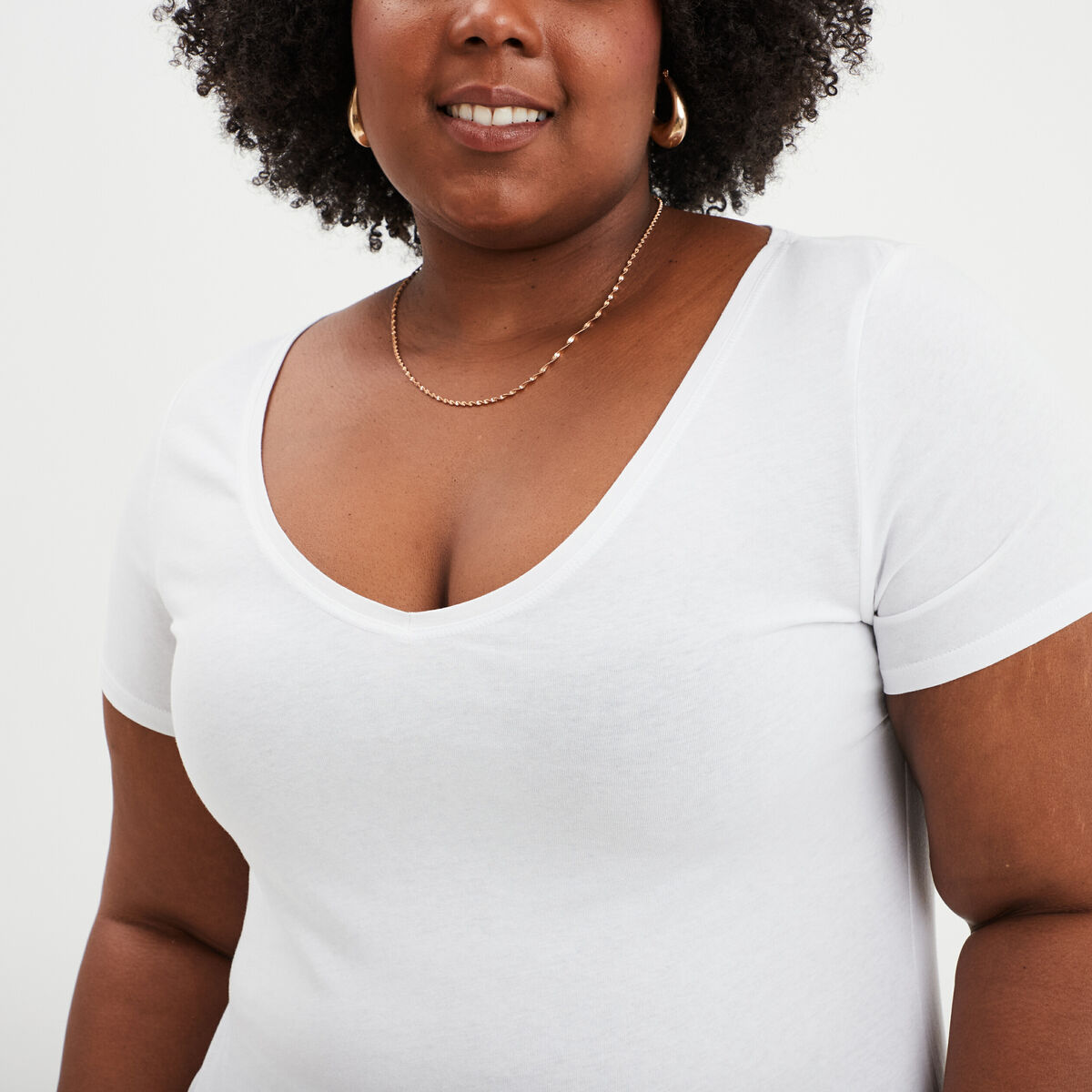 T-shirt col en V manches courtes coton blanc femme grande taille