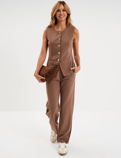 Veste sans manches boutonn&eacute;e col rond marron clair femme