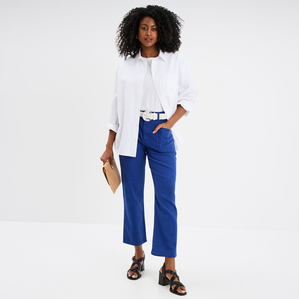 Pantalon regular fluide ceinture bleu roi femme