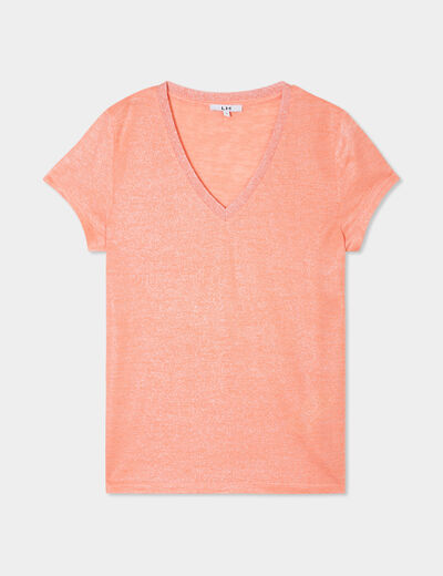 T-shirt col en V manches courtes rose corail femme