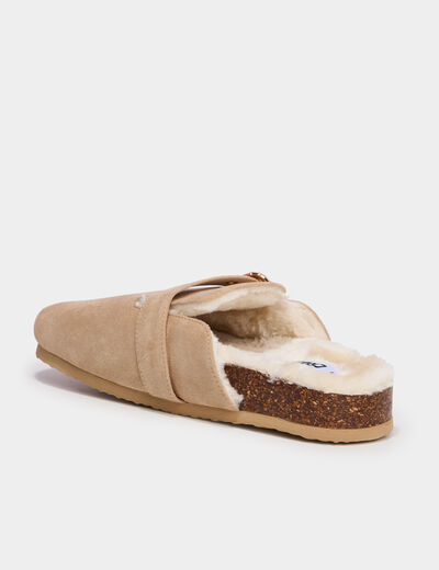Mules fourr&eacute;es avec boucles sable femme