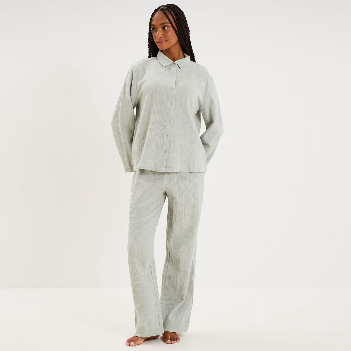Ensemble pyjama chemise gaze de coton vert clair femme
