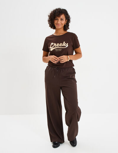 Pantalon large &eacute;lastiqu&eacute; marron fonc&eacute; femme