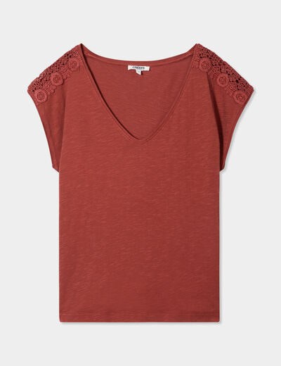 T-shirt épaules dentelle coton marron cognac femme