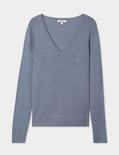 Pull col en V manches longues bleu gris femme