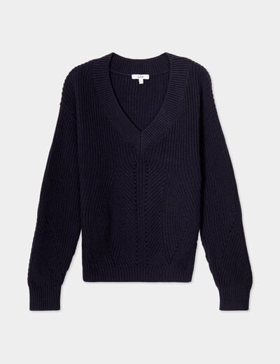Pull col en V détails ajourés bleu foncé femme
