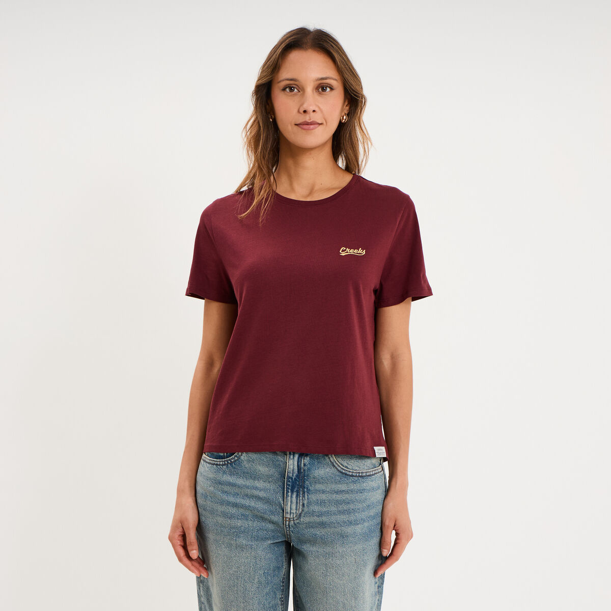 T-shirt col rond manches courtes violet fonc&eacute; femme