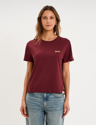 T-shirt col rond manches courtes violet fonc&eacute; femme