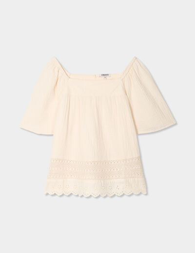 Blouse manches papillons gaze de coton creme femme