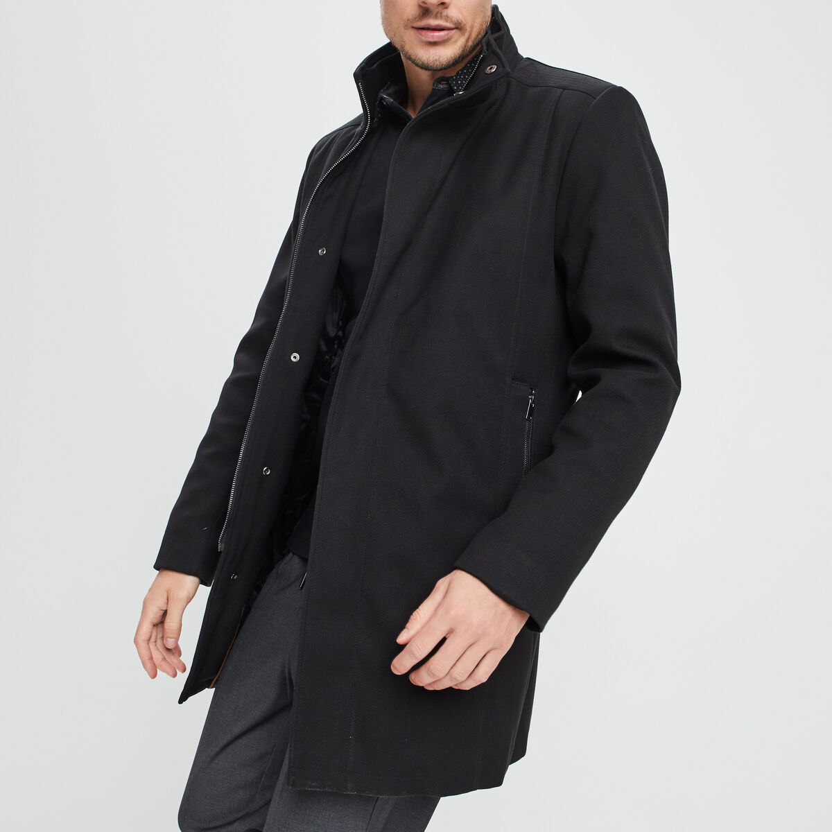 Manteau mi-long col montant noir homme