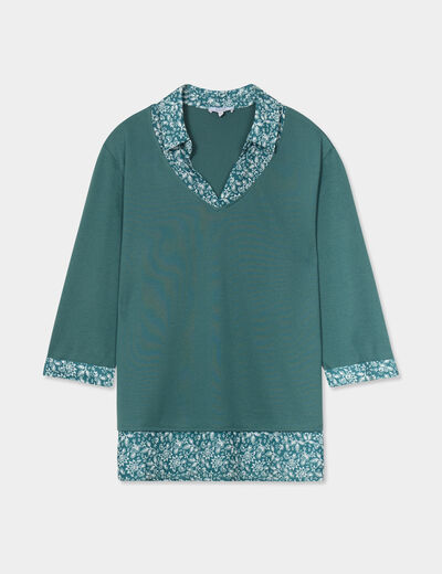 Pull 2-en-1 col chemise manches 3/4 vert foncé femme grande taille