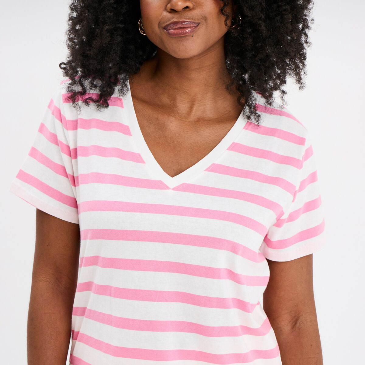 T-shirt col en V manches courtes coton creme femme