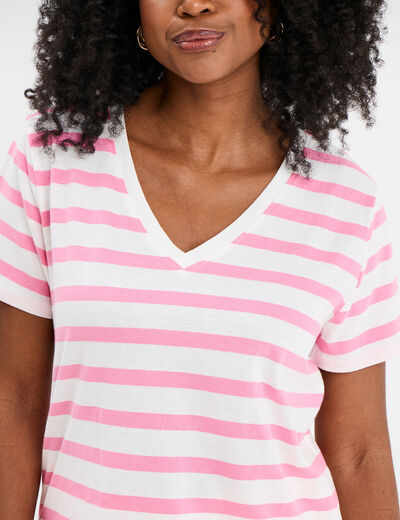 T-shirt col en V manches courtes coton creme femme