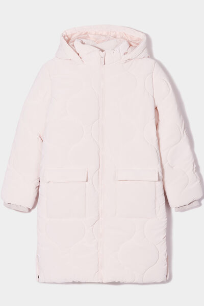 Doudoune longue à capuche rose clair fille