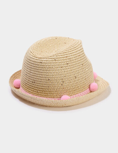 Chapeau de paille avec pompons sable fille