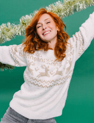 Pull No&euml;l col rond manches longues blanc femme