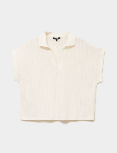 Polo manches courtes effet ajour&eacute; ecru femme