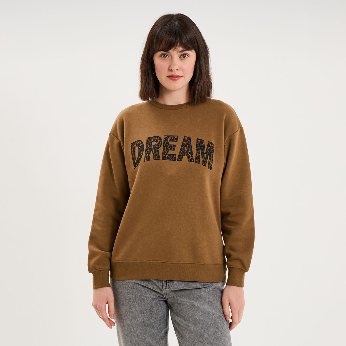 Sweat col rond manches longues beige femme