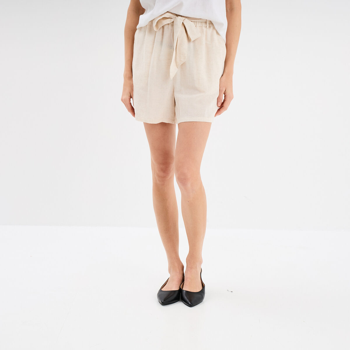 Short paperbag ceintur&eacute; lin m&eacute;lang&eacute; beige femme