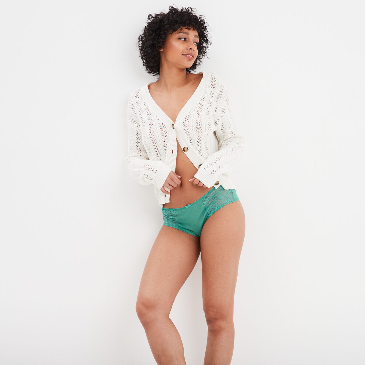 Shorty en coton avec dentelle vert menthe femme
