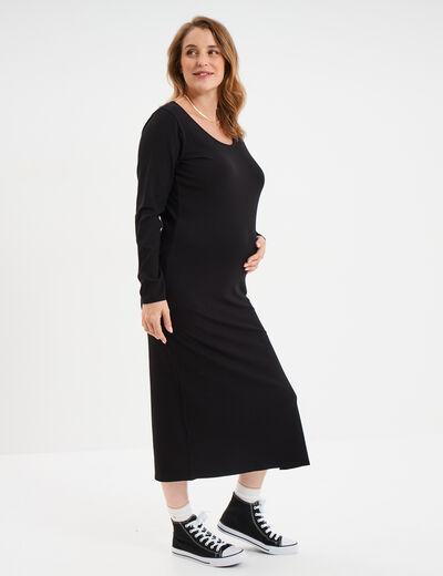 Robe longue côtelée grossesse noir femme maternité