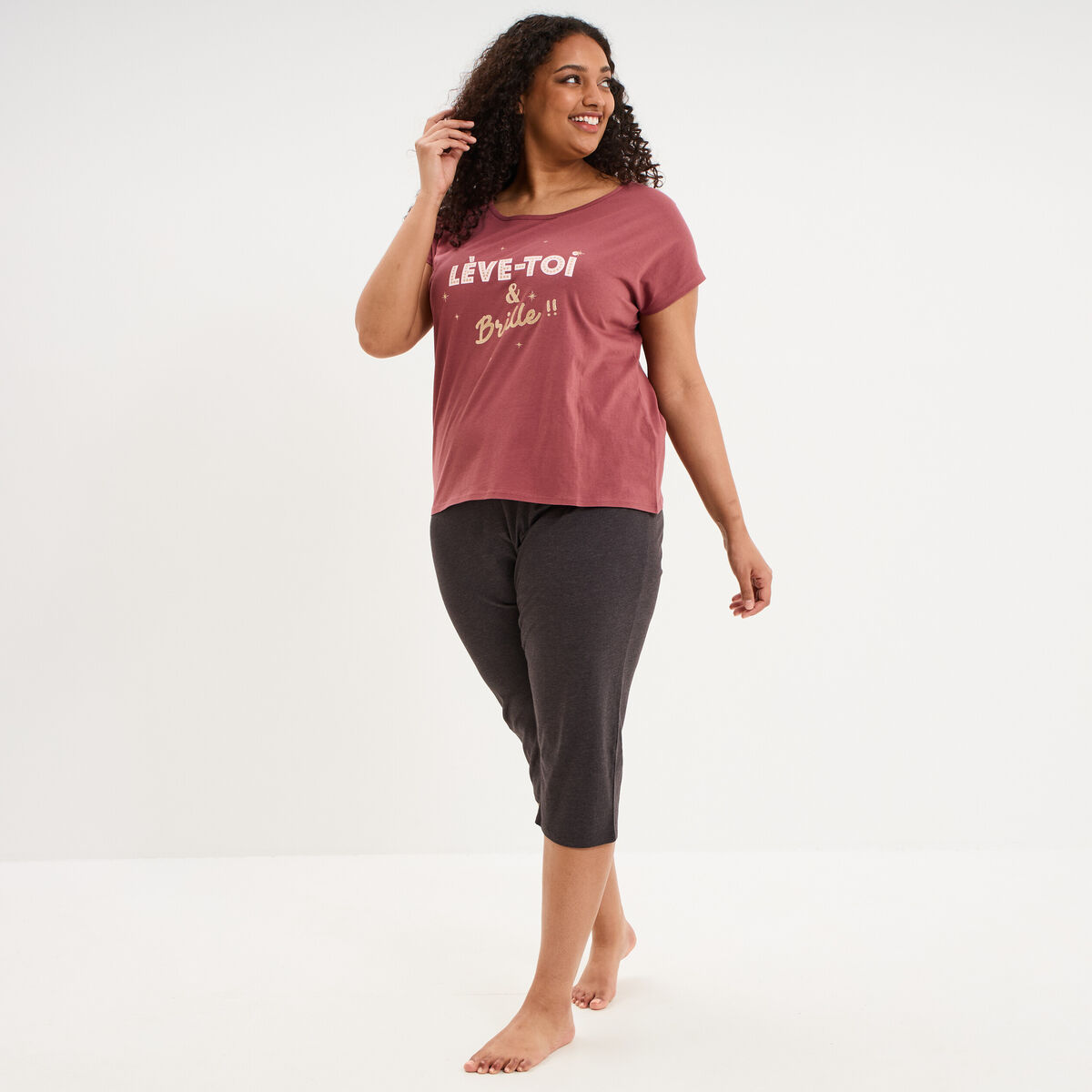 Ensemble pyjama corsaire et t-shirt rose framboise femme grande taille