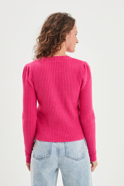 Gilet côtelé col en V boutons bijoux rose fushia femme