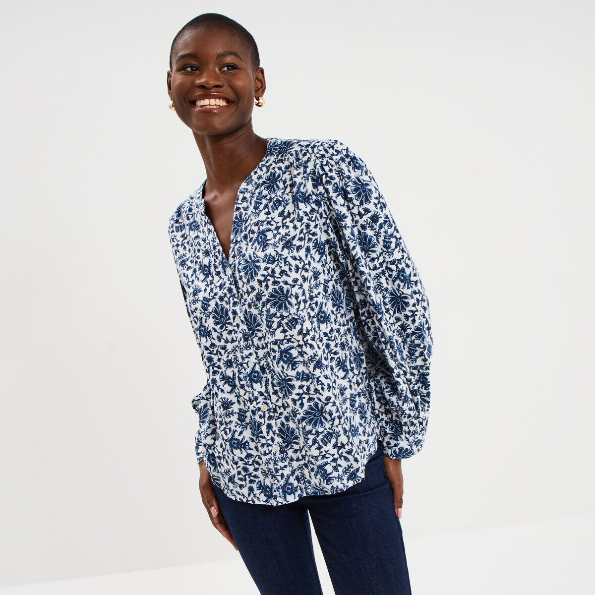 Blouse oversize col tunisien blanc femme