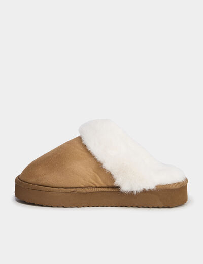 Chaussons mules compens&eacute;s fourr&eacute;s camel femme
