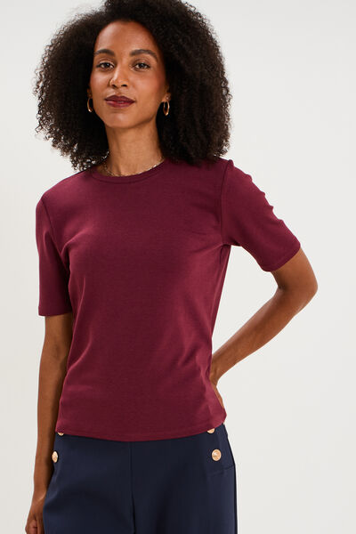 T-shirt col rond manches courtes ajust&eacute; bordeaux femme