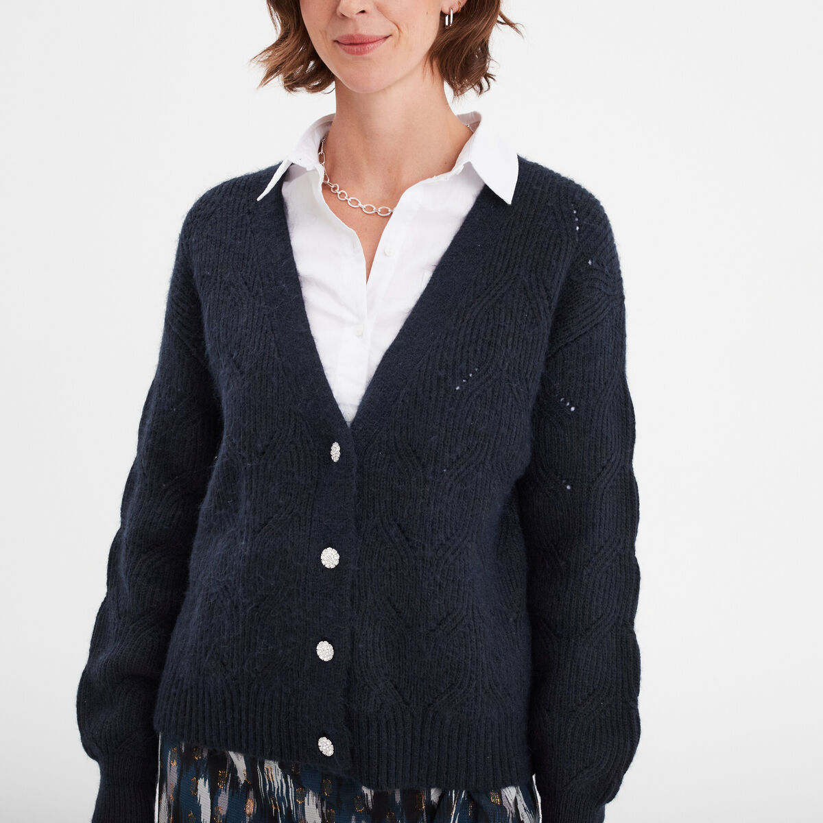 Gilet col en V boutonné manches longues bleu foncé femme