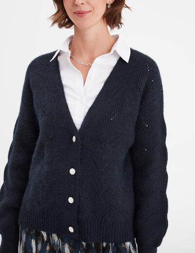 Gilet col en V boutonné manches longues bleu foncé femme