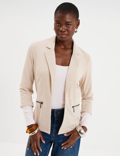 Veste blazer cintr&eacute; manches 3/4 beige femme