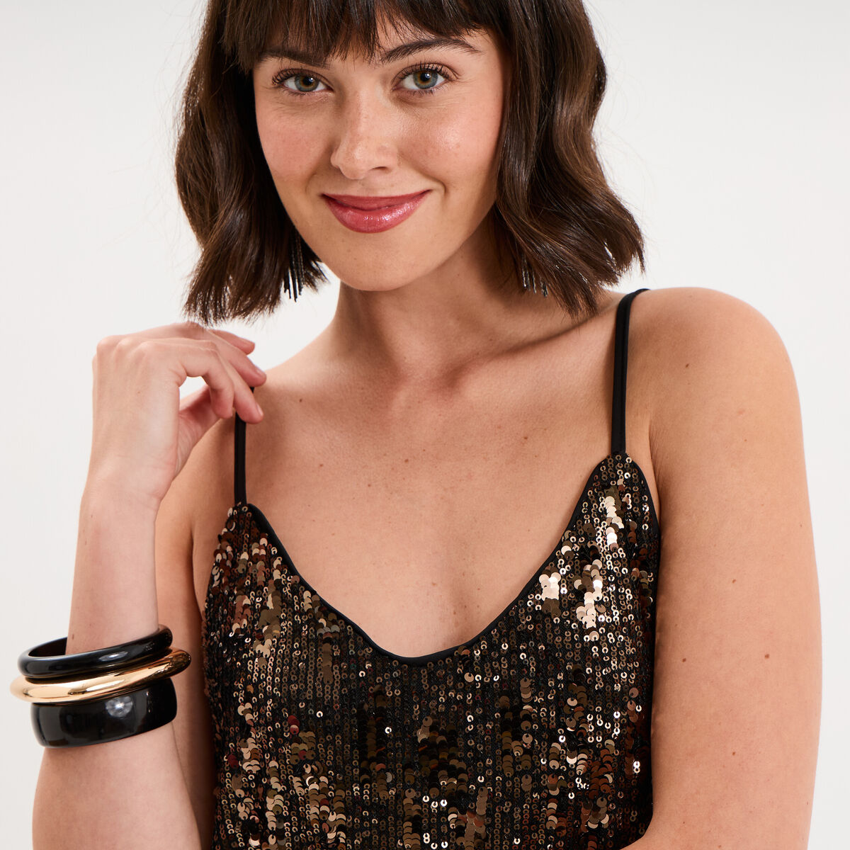 D&eacute;bardeur &agrave; sequins bretelles col V couleur cuivre femme