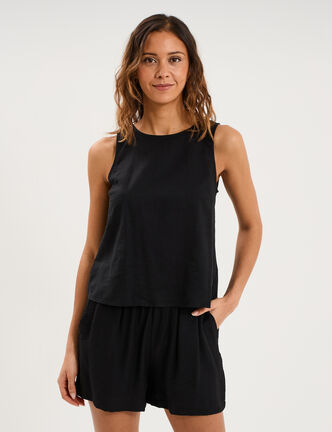 Blouse sans manches lin m&eacute;lang&eacute; noir femme