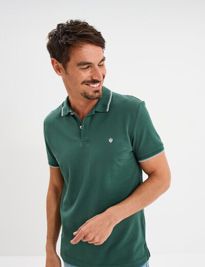 Polo manches courtes bords contrastés vert canard homme