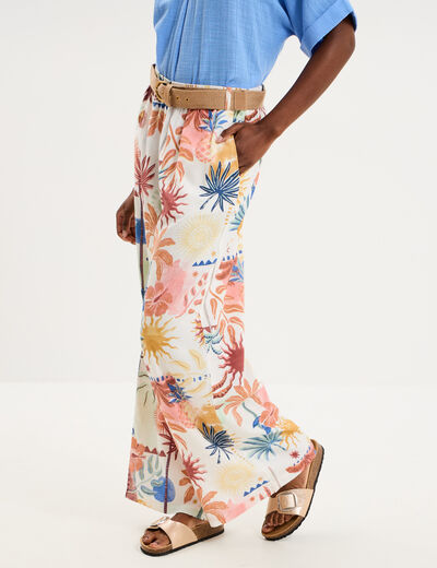 Pantalon large fluide avec ceinture ecru femme
