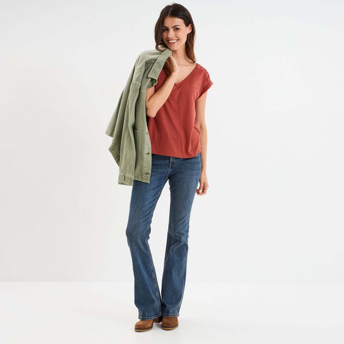 T-shirt col en V dentelle épaules et dos vieux rose femme