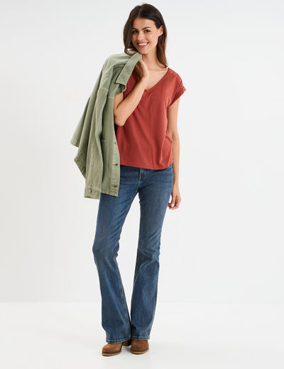 T-shirt col en V dentelle épaules et dos vieux rose femme